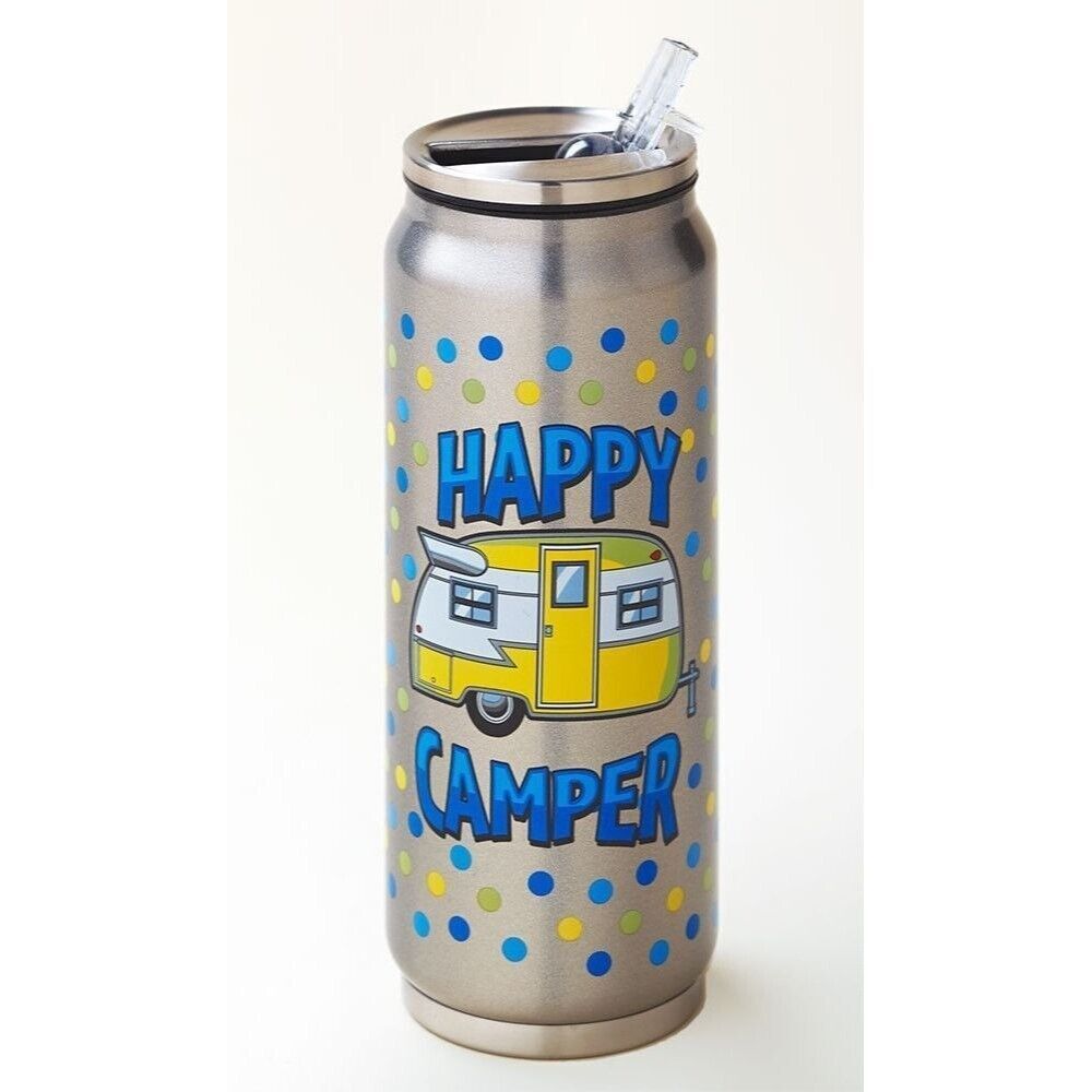 Happy Camper Stainless Steel Retro Travel Cup Beverage Can Flip-Top Spout NEW